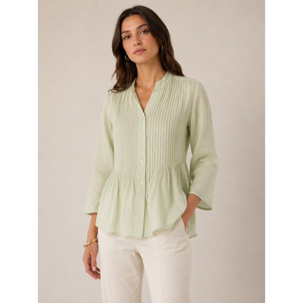 Vintage Armani Collezioni Blouse Womens 6 Green Pintuck Linen Coastal Minimalist